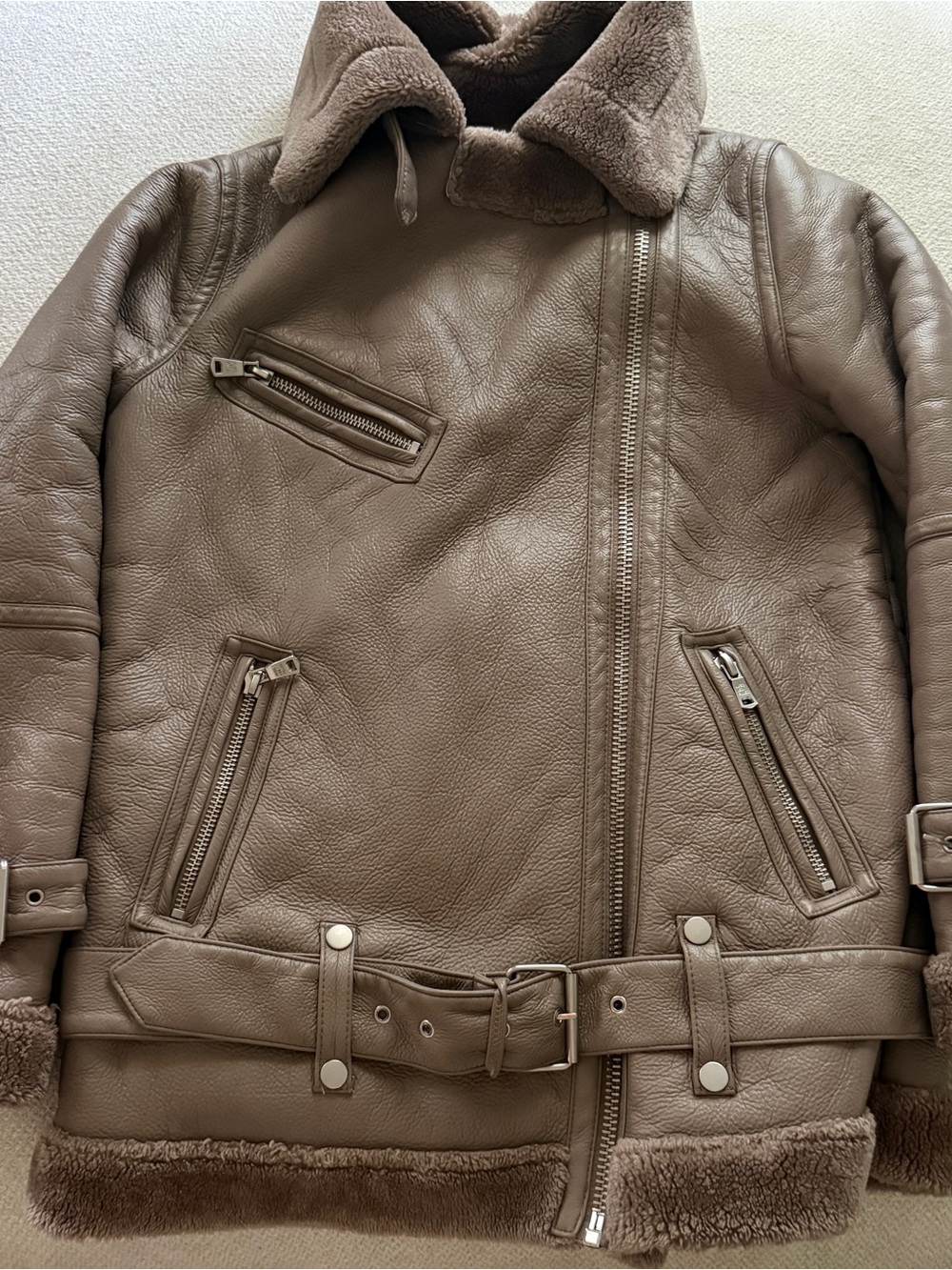 Avec Les Filles Taupe Shearling Faux Leather Moto Jacket